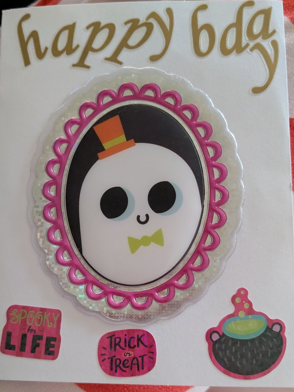 Cute Ghost Mixed-Media Halloween Birthday Card Art — Pink Frame, White Ghost